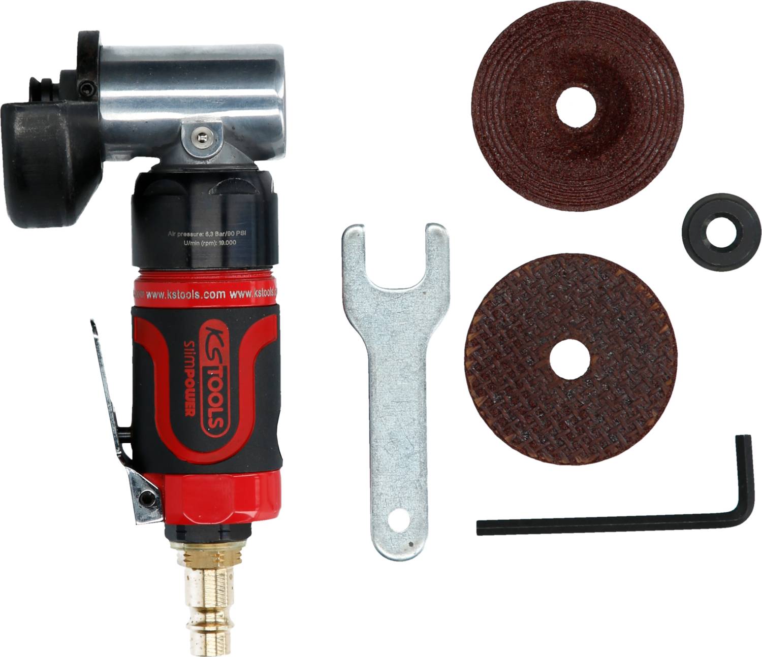 Ein Druckluftschleifer mit rotem Griff liegt neben vier Schleifscheiben, einem silbernen Schraubenschlüssel und einem schwarzen Inbusschlüssel.