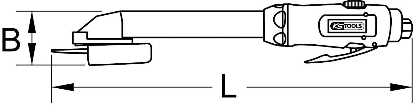 Abbildung eines Druckluft-Hochleistungs-Säbelsäge mit den markierten Maßen 'B' und 'L'.
