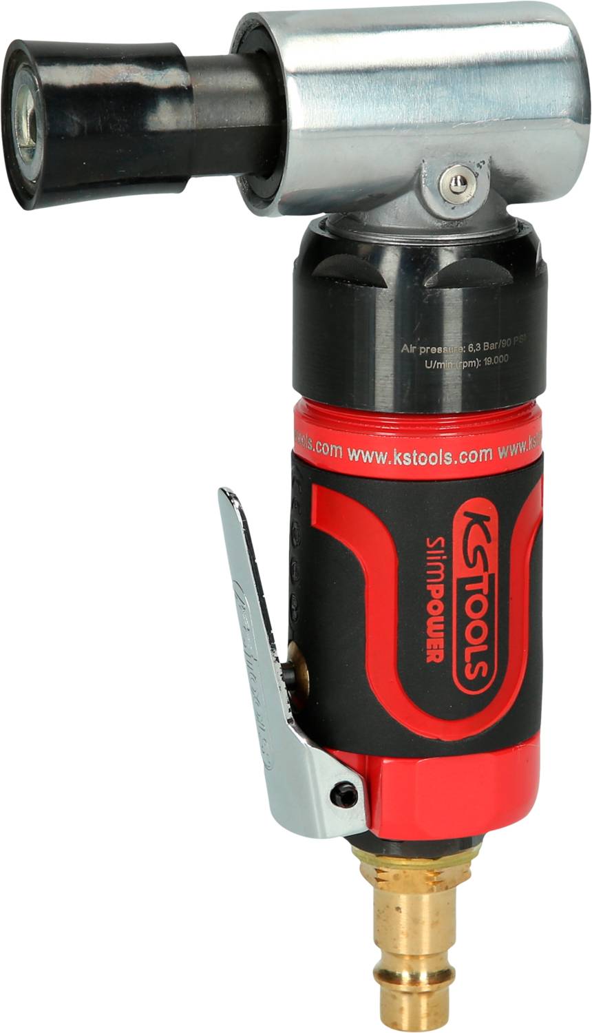 Druckluft-Schleifer in rot-schwarz mit silbernem Kopf und KS Tools-Logo. Used for precise grinding or polishing tasks.