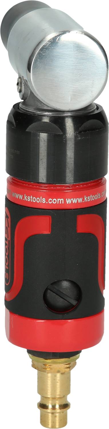 Druckluftwerkzeug mit rotem und schwarzem Griff, oben ein silberner zylindrischer Kopf; geeignet für Werkstattanwendungen.