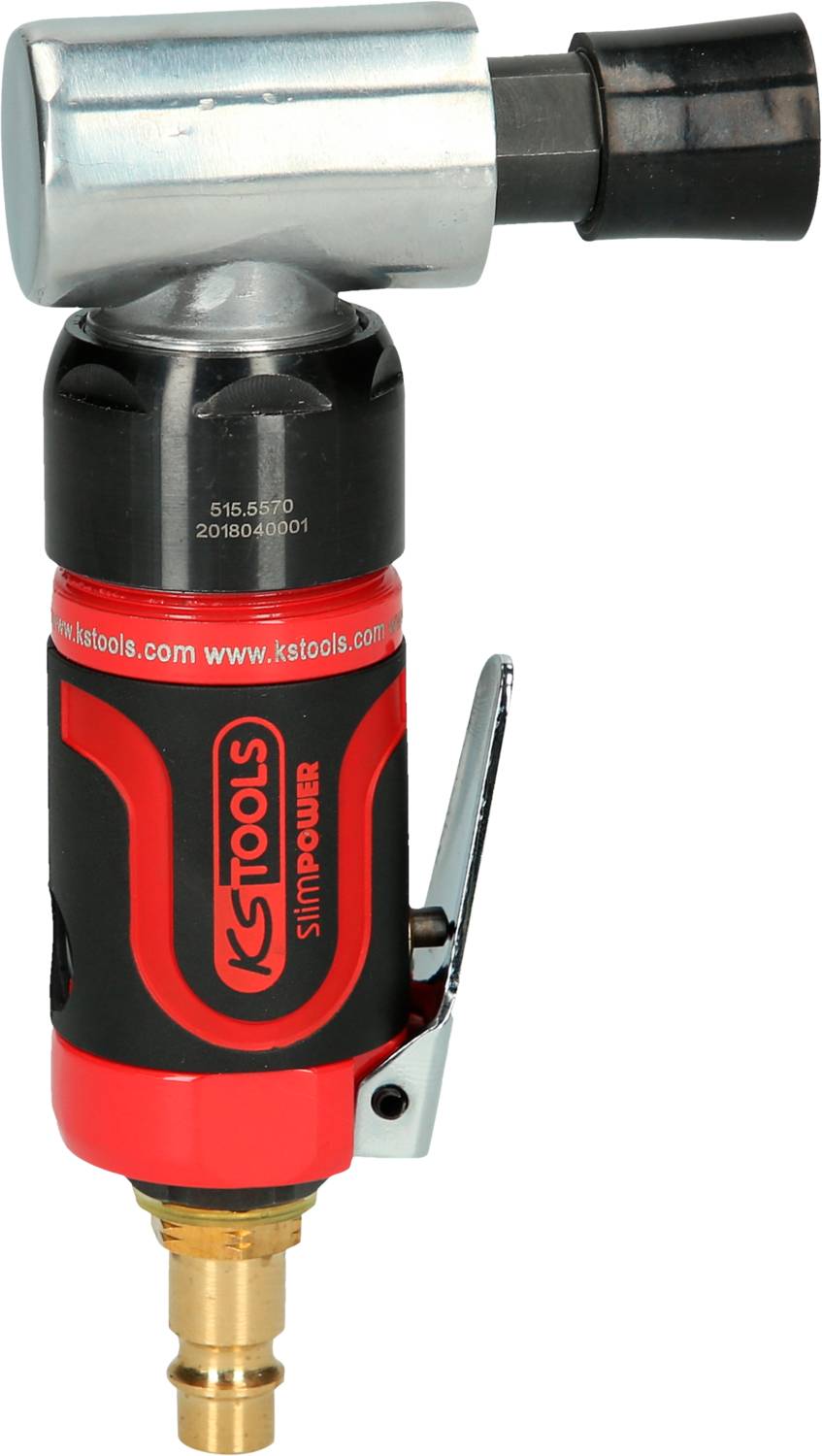 Druckluft-Lackfräse, kompakt, rot-schwarz, mit KSTools-Logo, Drehmomentgriff und Druckluftanschluss unten.