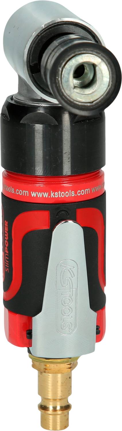 Druckluftwinkelbohrmaschine mit rotem und schwarzem Gehäuse, oben ein silbernes Drehgelenk.