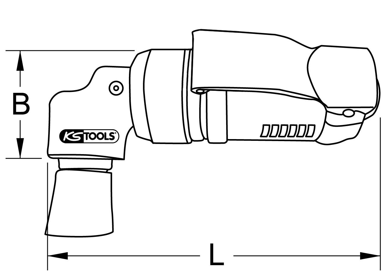 Illustration eines pneumatischen Winkelschraubers mit dem Logo 'KS Tools'. Seitliche Ansicht zeigt die Abmessungen L und B.
