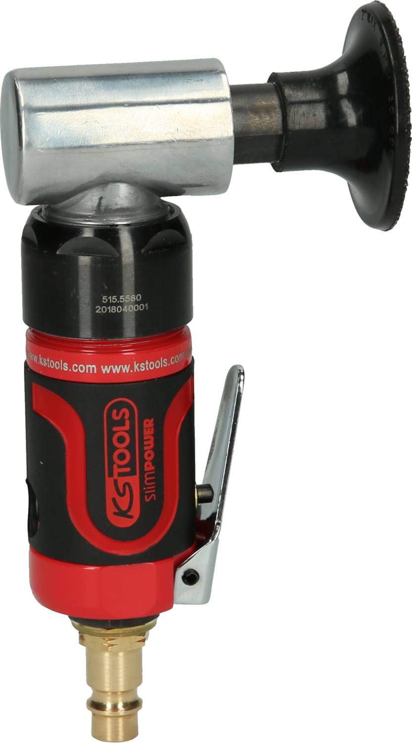 Roter und schwarzer Druckluftschleifer mit verstellbarem Kopf, markiert mit 'KS Tools'.