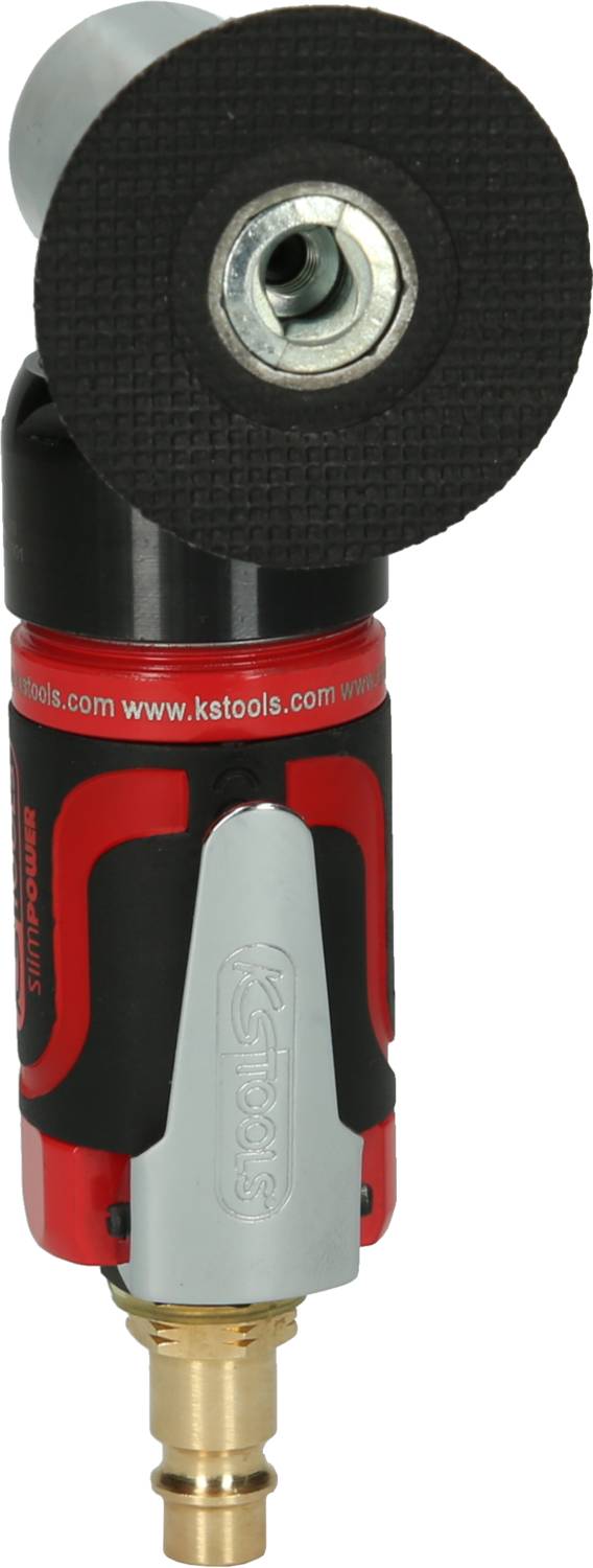 Luftbetriebener Winkelschleifer mit rotem und schwarzem Gehäuse, silbernen Details und einer Schleifscheibe, vertikal ausgerichtet.