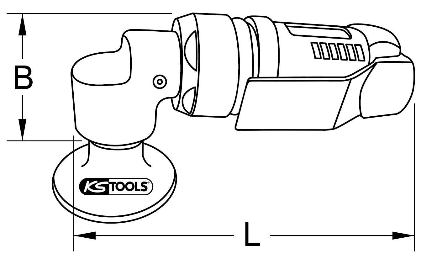 'KS Tools' Winkelschleifer-Diagramm mit Abmessungen: Höhe B und Länge L angegeben, zeigt Seitenansicht des Werkzeugs.