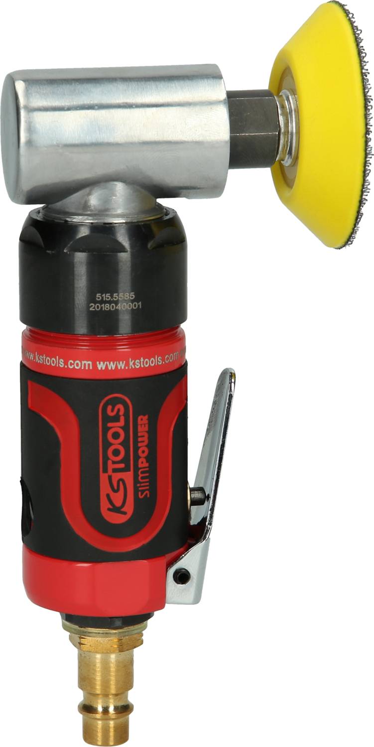 Ein roter und schwarzer Winkelschleifer mit gelbem Schleifpad, Metallkopf und Druckluftanschluss.