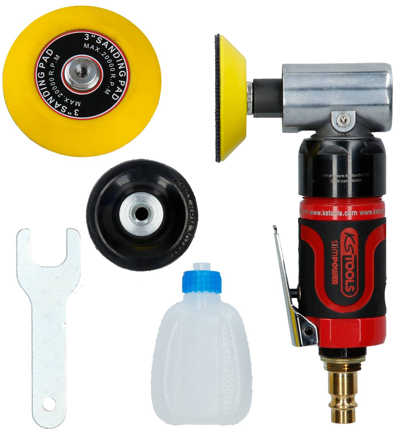 Ein rot-schwarz-grauer Druckluftschleifer mit gelbem und schwarzem Schleifpad im Set, inklusive einer Flasche Öl und einem Schraubenschlüssel.