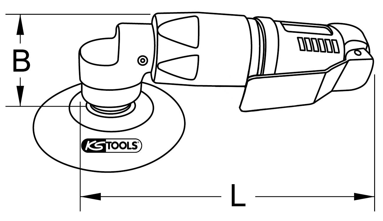 Zeichnung eines KS Tools Druckluft-Winkelschleifers mit Scheibe. Beschriftungen zeigen die Höhe 'B' und Länge 'L' des Geräts.