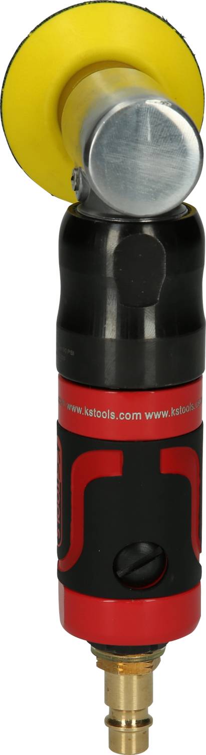 Luftgeschliffene Schleifmaschine mit gelbem Schleifteller und rotem Griff. Geeignet für präzises Polieren und Schleifen kleiner Flächen.