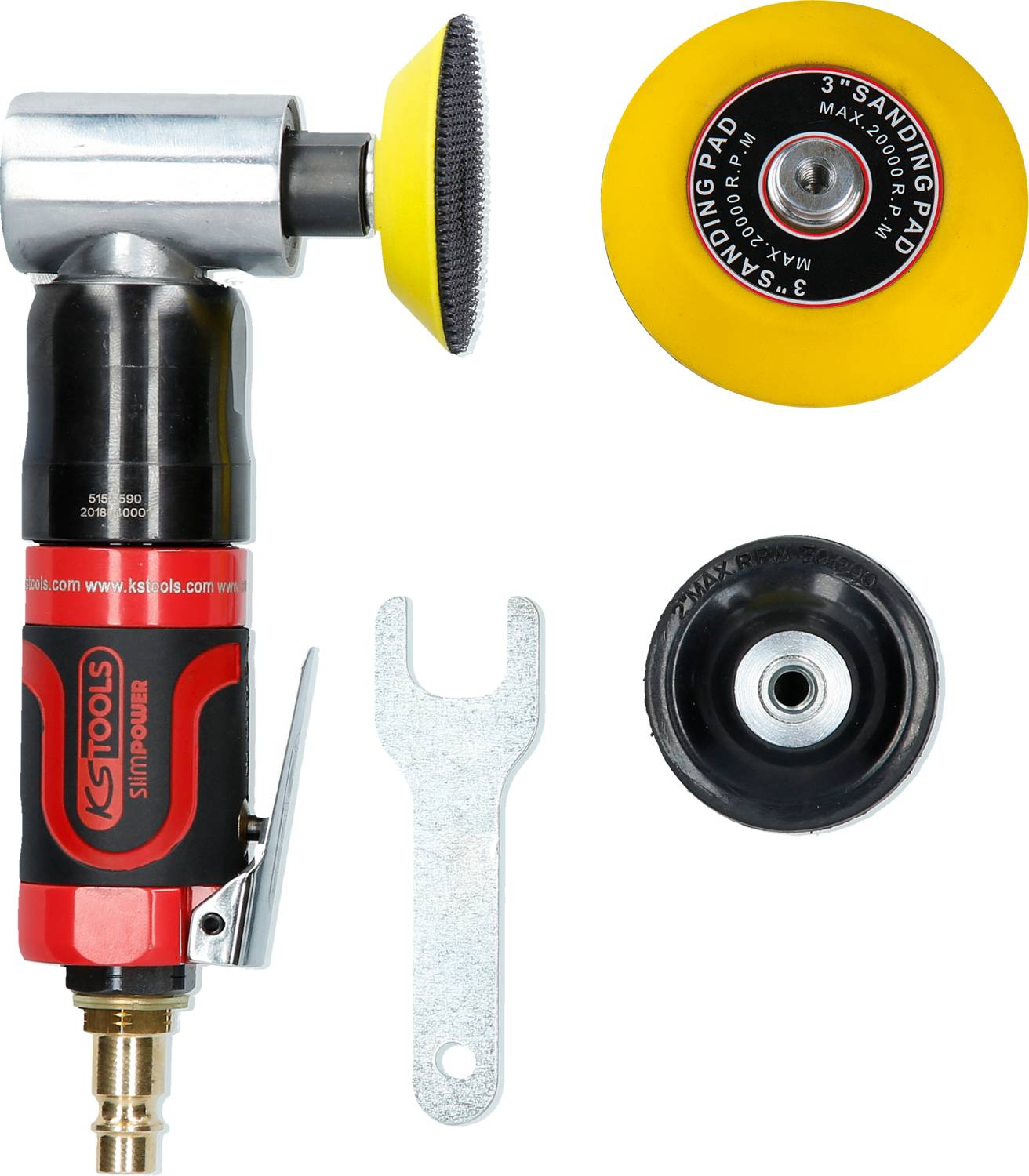 Druckluft-Exzenterschleifer-Set mit gelbem Schleifteller, rotem Handstück und silbernem Schraubenschlüssel, geeignet für maximale 20.000 U/min.