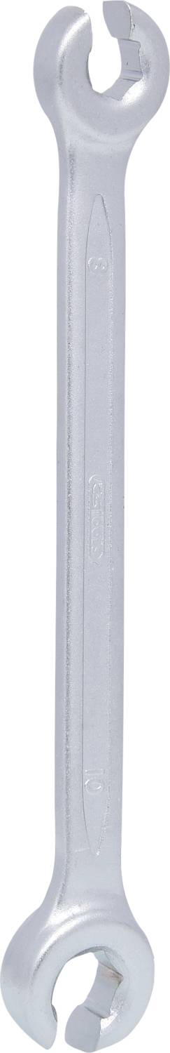 Ein silberner Maulschlüssel mit zwei Enden in verschiedenen Größen zum Festziehen oder Lösen von Muttern und Schrauben.