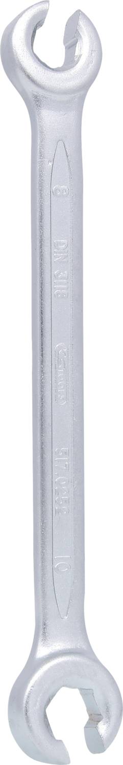 Ein silberner Ringschlüssel mit zwei offenen Enden, geeignet für das Lösen von Muttern und Schrauben in verschiedenen Größen.