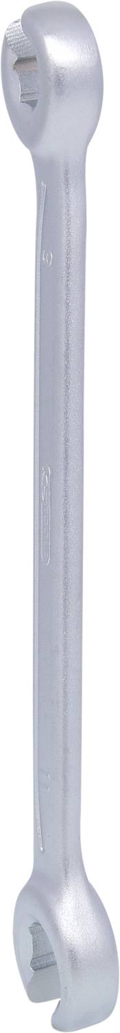 Ein silberfarbener, einseitig geschlossener Ringschlüssel, der zum Festziehen oder Lösen von Muttern oder Schrauben dient.