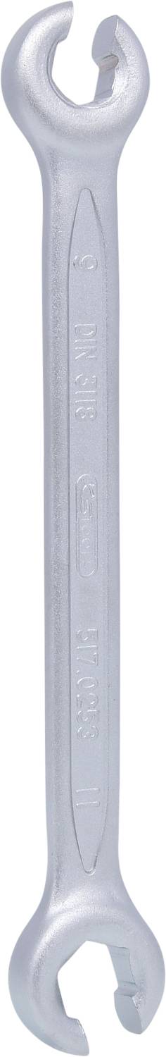 Schraubenschlüssel aus Metall mit einem offenen und einem ringförmigen Ende, verwendet zum Festziehen oder Lösen von Schrauben und Muttern.