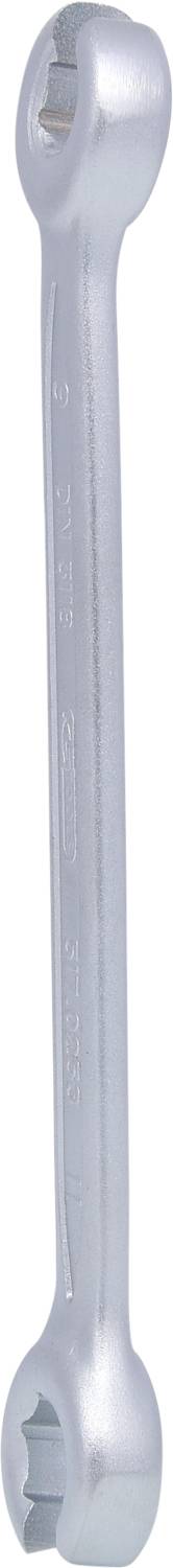 Ein silberner Doppelringschlüssel mit zwei unterschiedlich großen Enden, geeignet zum Festziehen oder Lösen von Muttern oder Schrauben.