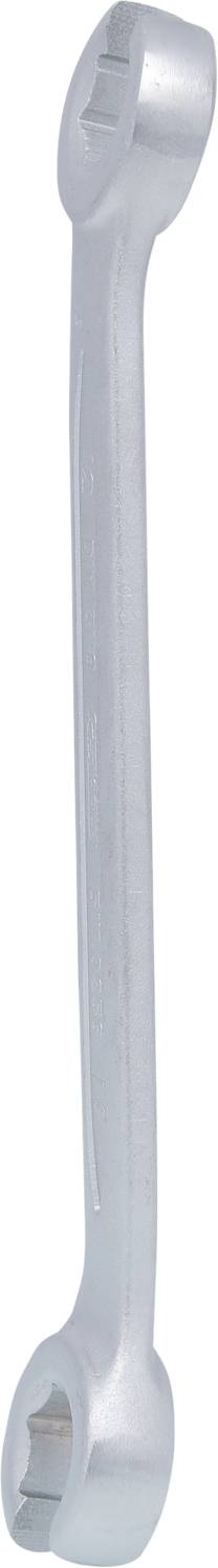 Ein silberner Doppelringschlüssel mit abgewinkelten Enden zur Verwendung bei schwer zugänglichen Muttern und Schrauben.
