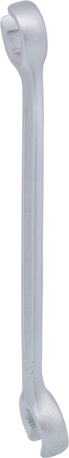 Ein silberner Doppelmaulschlüssel mit zwei verschiedenen Maulgrößen an den Enden. Geeignet für verschiedene Schraubarbeiten.