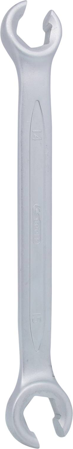 Ein silberner Gabelschlüssel mit zwei unterschiedlich großen Enden, verwendet zum Festziehen oder Lösen von Muttern und Schrauben.