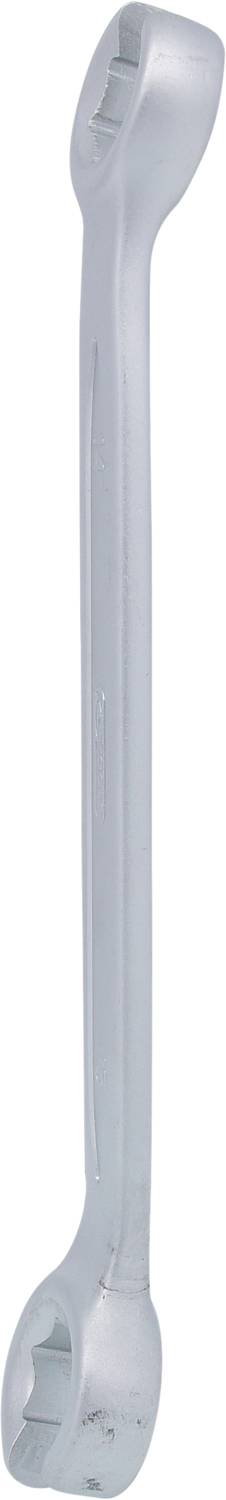 Ein doppelseitiger Ringschlüssel aus Metall, verwendet zum Festziehen und Lösen von Schrauben und Muttern.