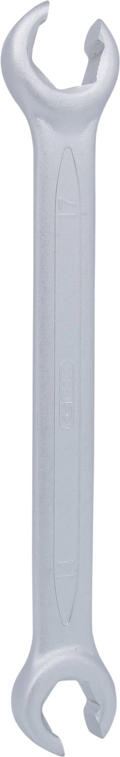 Ein silberner Schraubenschlüssel mit offenem Maul an beiden Enden, aufrecht stehend, zeigt in Richtung des oberen rechten Bildrands.