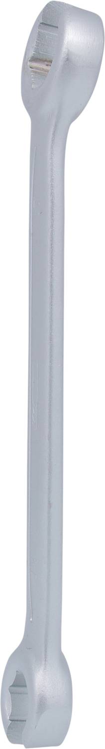 Ein silberner Ringschlüssel mit offener und geschlossener Seite, geeignet für mechanische Arbeiten oder Reparaturen.