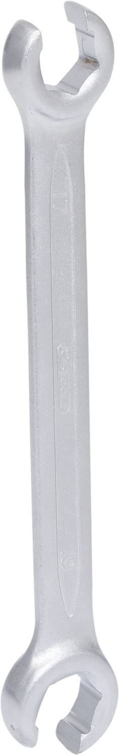 Ein silberner Schraubenschlüssel mit zwei unterschiedlichen Enden: ein offener Maulschlüssel oben und ein Ringschlüssel unten.