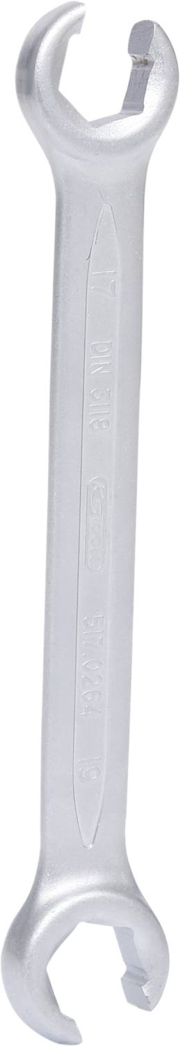 Ein silberner Schraubenschlüssel mit zwei offenen Enden, geeignet für das Lösen und Festziehen von Schrauben und Muttern.