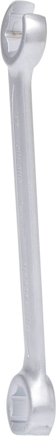 Ein silberner Ringschlüssel, der an beiden Enden mit einem offenen und einem geschlossenen Maul ausgestattet ist.