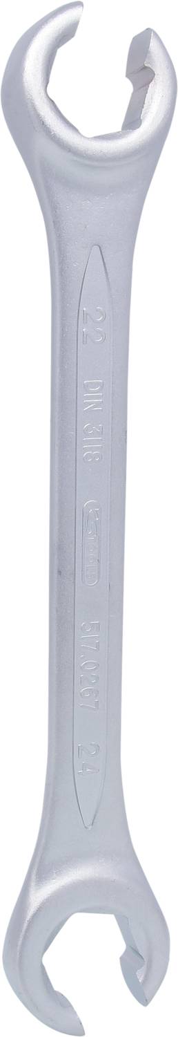 Ein silberner Schraubenschlüssel mit offenem Maul an beiden Enden, geeignet zum Anziehen oder Lösen von Muttern und Schrauben.