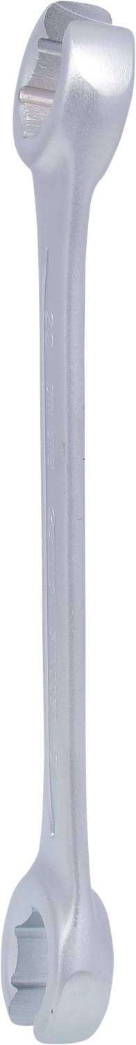 Ein silberner Maulschlüssel mit zwei unterschiedlichen Maulgrößen an jedem Ende, zur Befestigung und Lockerung von Schrauben und Muttern.