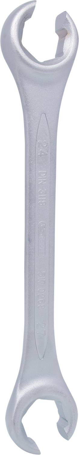 Ein silberner Doppelschlüssel mit offener Maulform an beiden Enden, geeignet zum Festziehen oder Lösen von Muttern und Schrauben.