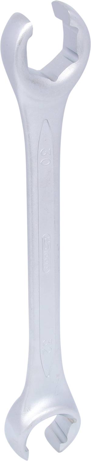 Ein silberner Schraubenschlüssel mit zwei offenen Enden, jedes Ende hat eine unterschiedliche Größe zum Anziehen von Muttern oder Schrauben.