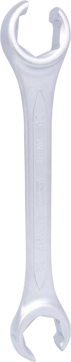 Ein silberner Maulschlüssel, geeignet für Mechanikarbeiten, mit einer offenen und einer geschlossenen Seite.