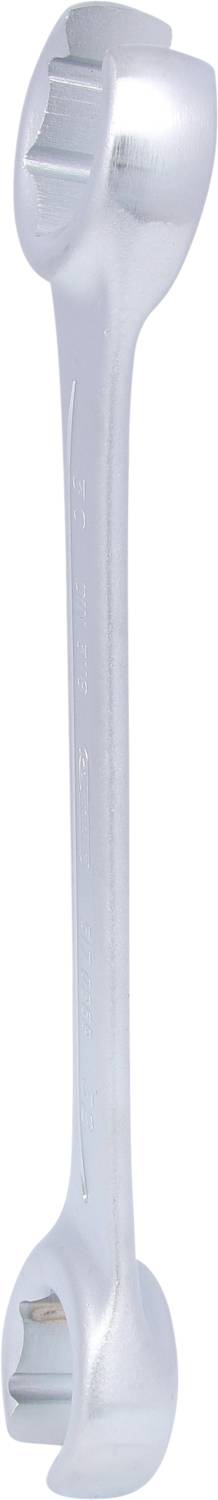 Ein silberner Schraubenschlüssel mit zwei unterschiedlichen Maulgrößen an den Enden, geeignet für verschiedene Schraubengrößen.