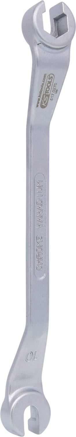 Metallschlüssel mit zwei offenen Enden, ein Ende ist kleiner. Eignet sich für verschiedene Schraubengrößen.