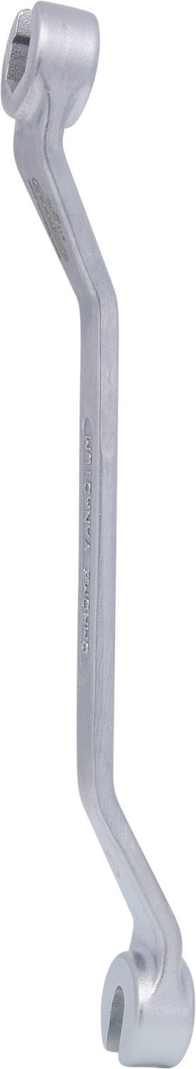 Ein silberner Ring-Maulschlüssel mit gebogenem Schaft, verwendet zum Anziehen und Lösen von Schrauben und Muttern.