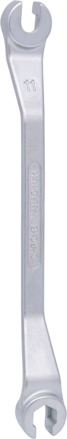 Ein silberner Gabelschlüssel aus Metall, geeignet für das Anziehen oder Lösen von Muttern oder Schrauben in technischen Anwendungen.