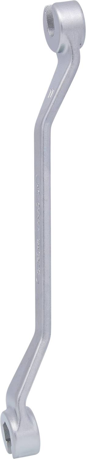 Ein silberner, doppelendiger Ringschlüssel mit gebogenem Griff, geeignet für Arbeiten an schwer zugänglichen Stellen.