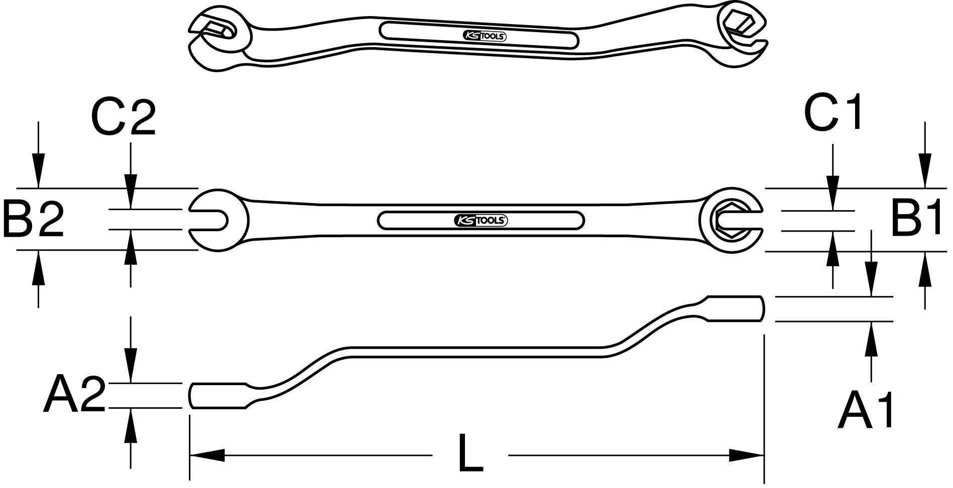 Abbildung eines doppelseitigen Schraubenschlüssels mit Beschriftungen der Maße: C1, C2, B1, B2, A1, A2, L.