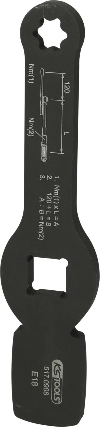 Ein schwarzer Spezialschlüssel mit zwei Steckschlüsseleinsätzen und einem Schaubild der Schlüsselabmessungen in weißer Schrift.