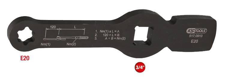Schwarzer Winkelschlüssel mit einer Skala und Markierungen für die verschiedenen Nm-Stufen. Beschriftet mit 'E20' und '3/4