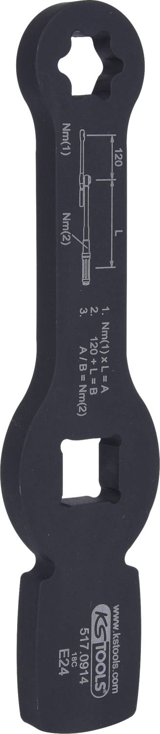 'KS Tools Ring-Maulschlüssel' aus schwarzem Metall; zwei Größen gekennzeichnet; technisches Design und Abmessungen aufgedruckt.