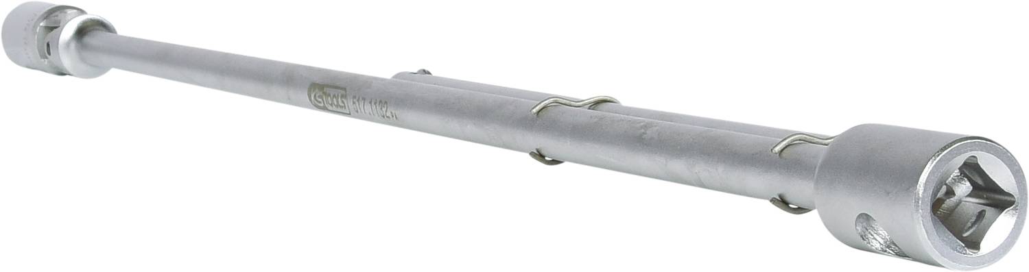 Lange Metallratsche mit Stecknussaufsatz, geeignet für den Einsatz in der Mechanik oder bei Reparaturarbeiten.