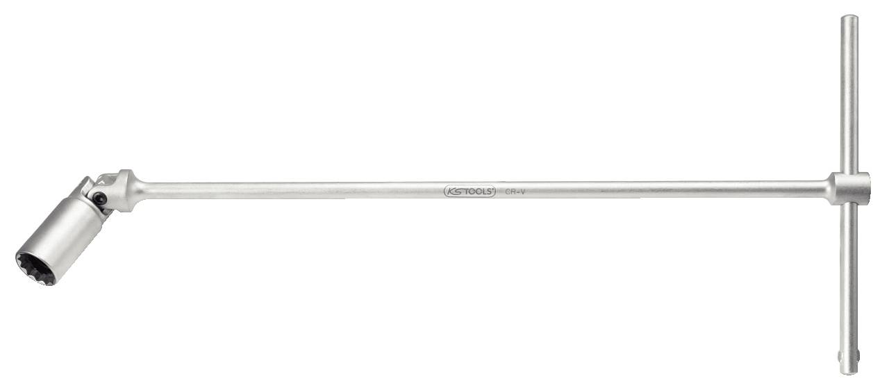 Silberner Steckschlüssel mit T-Griff und verstellbarem Kopf, geeignet für schwer zugängliche Stellen in mechanischen Arbeiten.