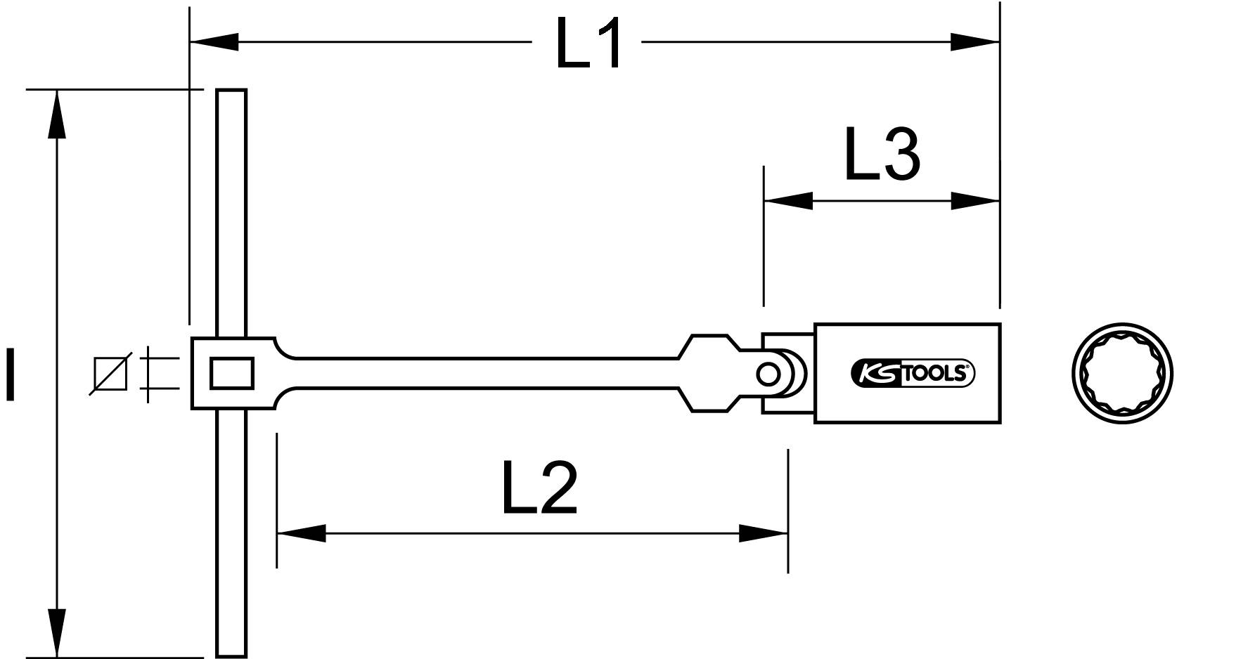 'Diagramm eines T-Griff-Werkzeugs mit Längenangaben L1, L2, und L3, sowie einem Einsatz mit dem Label 'KS TOOLS'.'