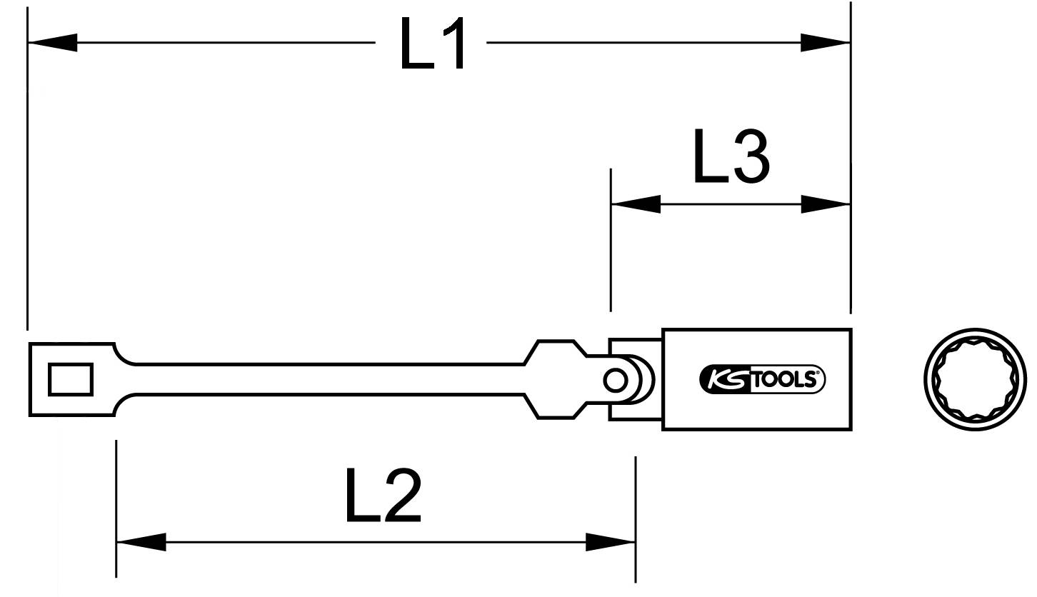 Technische Zeichnung eines KS Tools Ratschen-Schlüssels. Zeigt Maße: L1, L2, L3. Geeignet für präzise Maßangaben bei Werkzeugnutzung.