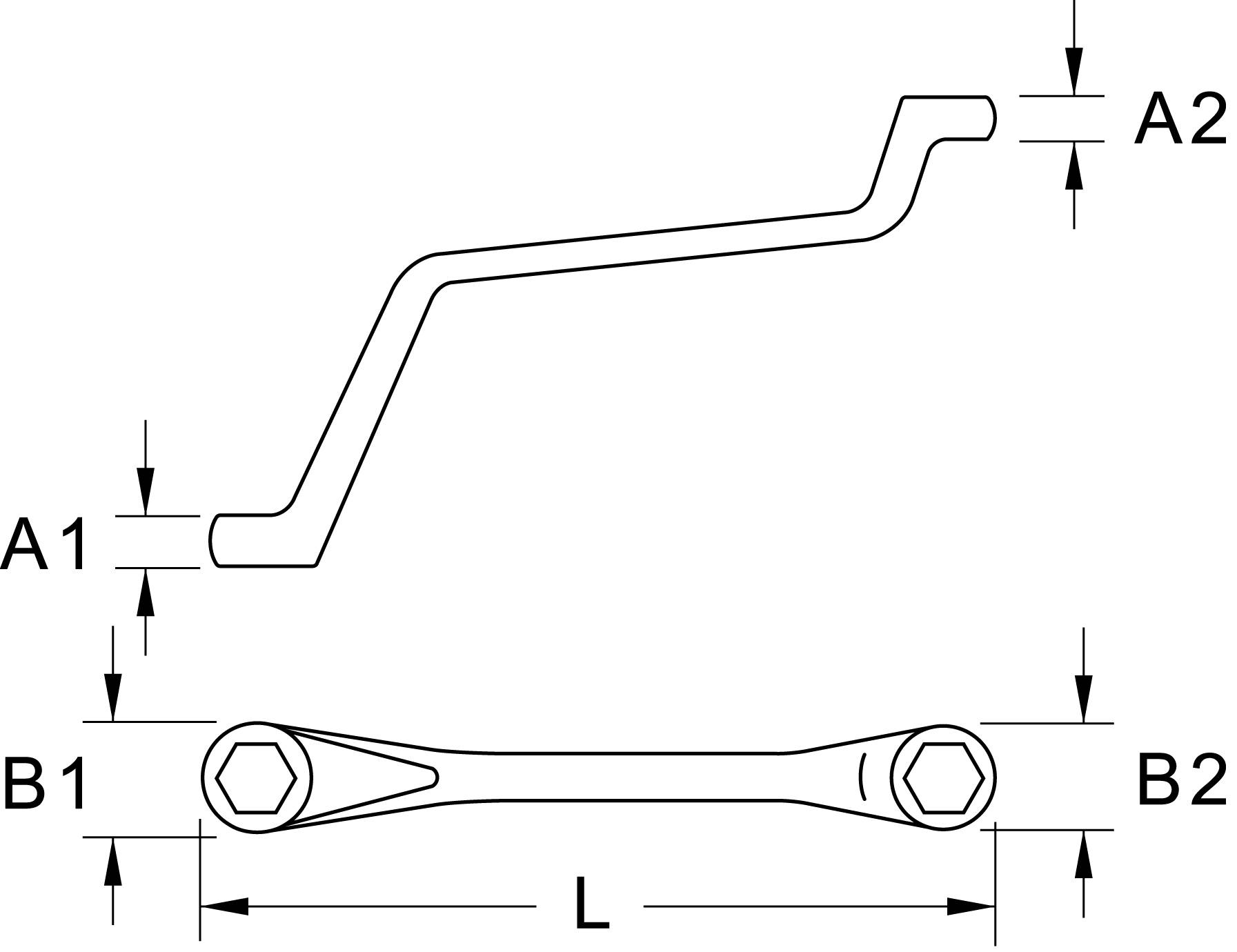 Technische Zeichnung eines gebogenen Schraubenschlüssels mit zwei Endmaßen A1, A2, B1, B2 und Länge L. Seiten- und Draufsicht.