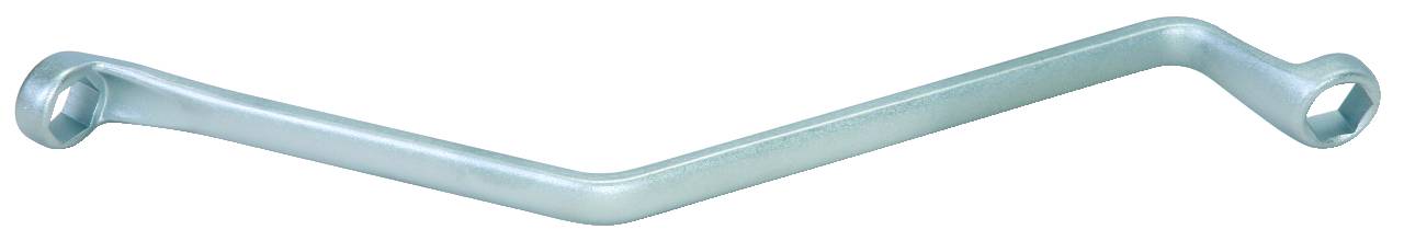 Ein silberner Maschinenschlüssel mit gebogenem Griff und rechteckigen Enden. Verwendet zum Verstellen von verschiedenen Maschinenteilen.