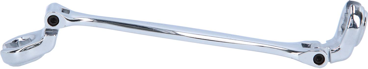 Ein glänzender Metallhebel in gebogener Form, möglicherweise ein Hebelarm für ein mechanisches System.